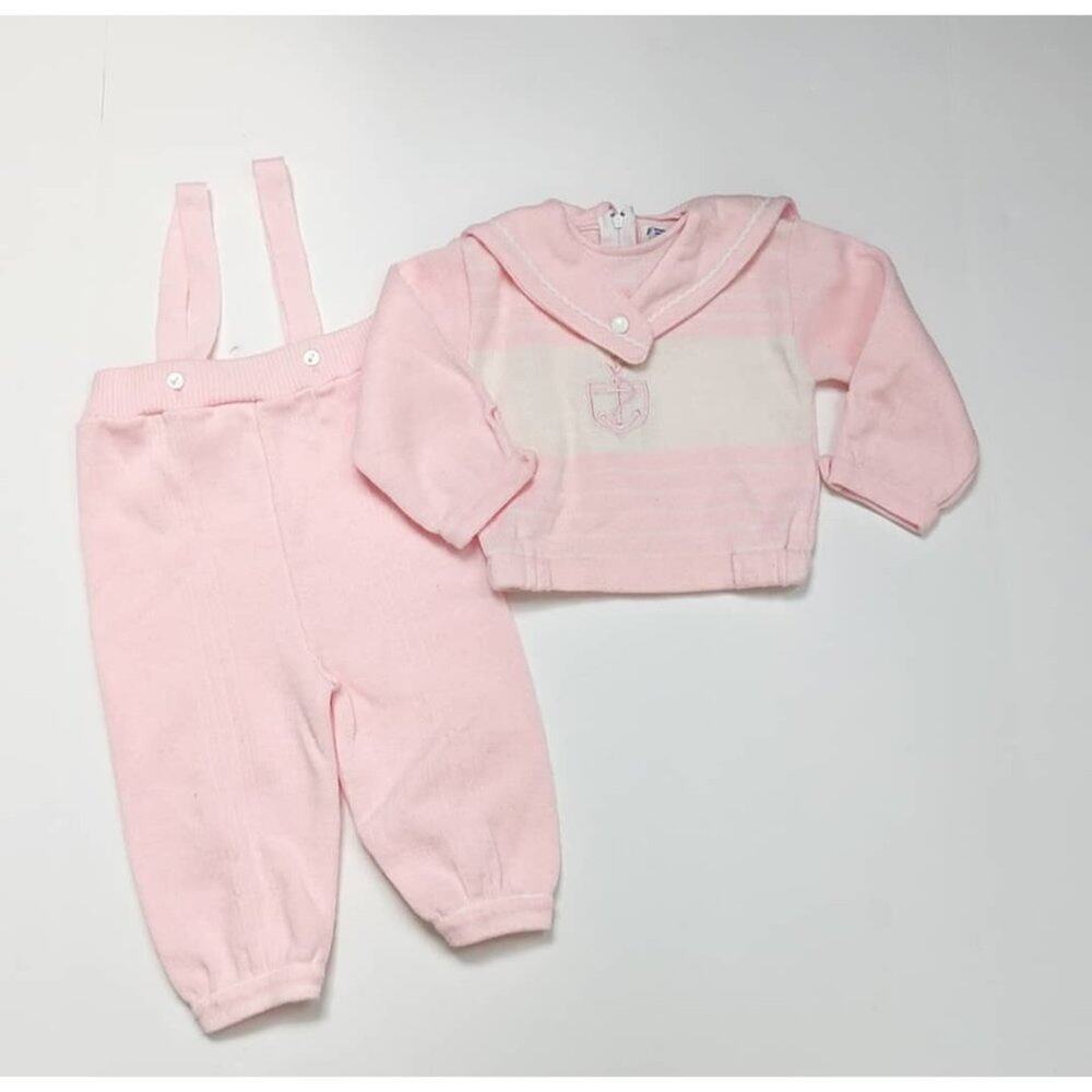 Vintage Friedknit Creations Outfit Baby Girl Sz 12m Pink Anchor Sailor Sweater